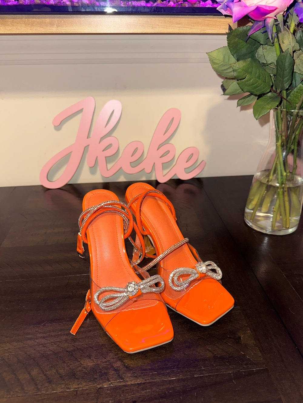 Elegant Orange Strappy Heels with Rhinestone Bow sizes 6, 7, 8